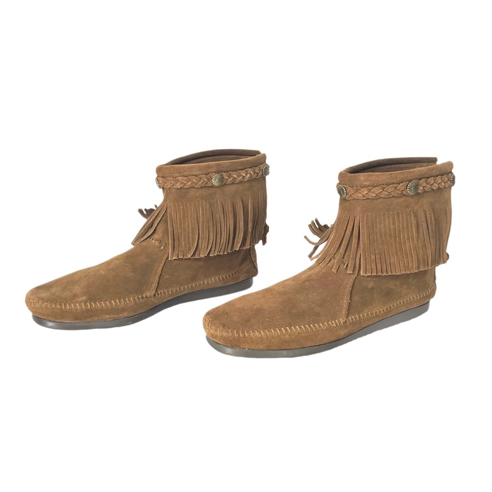 Minnetonka Brown Concho Suede Fringe Braid Ornamented Boots Size 8.5 Boho - Picture 5 of 16